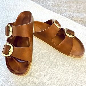 Birkenstock Arizona Buckle Brown Sandals with Gold Buckles